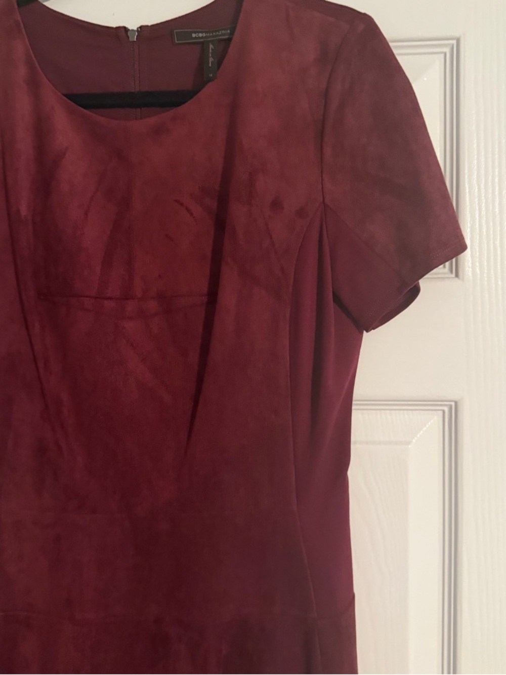 NWT BCBGMAXAZRIA Darra Short Sleeve Faux Suede A-Line Dress in Burgundy Size 12 - Picture 3 of 7
